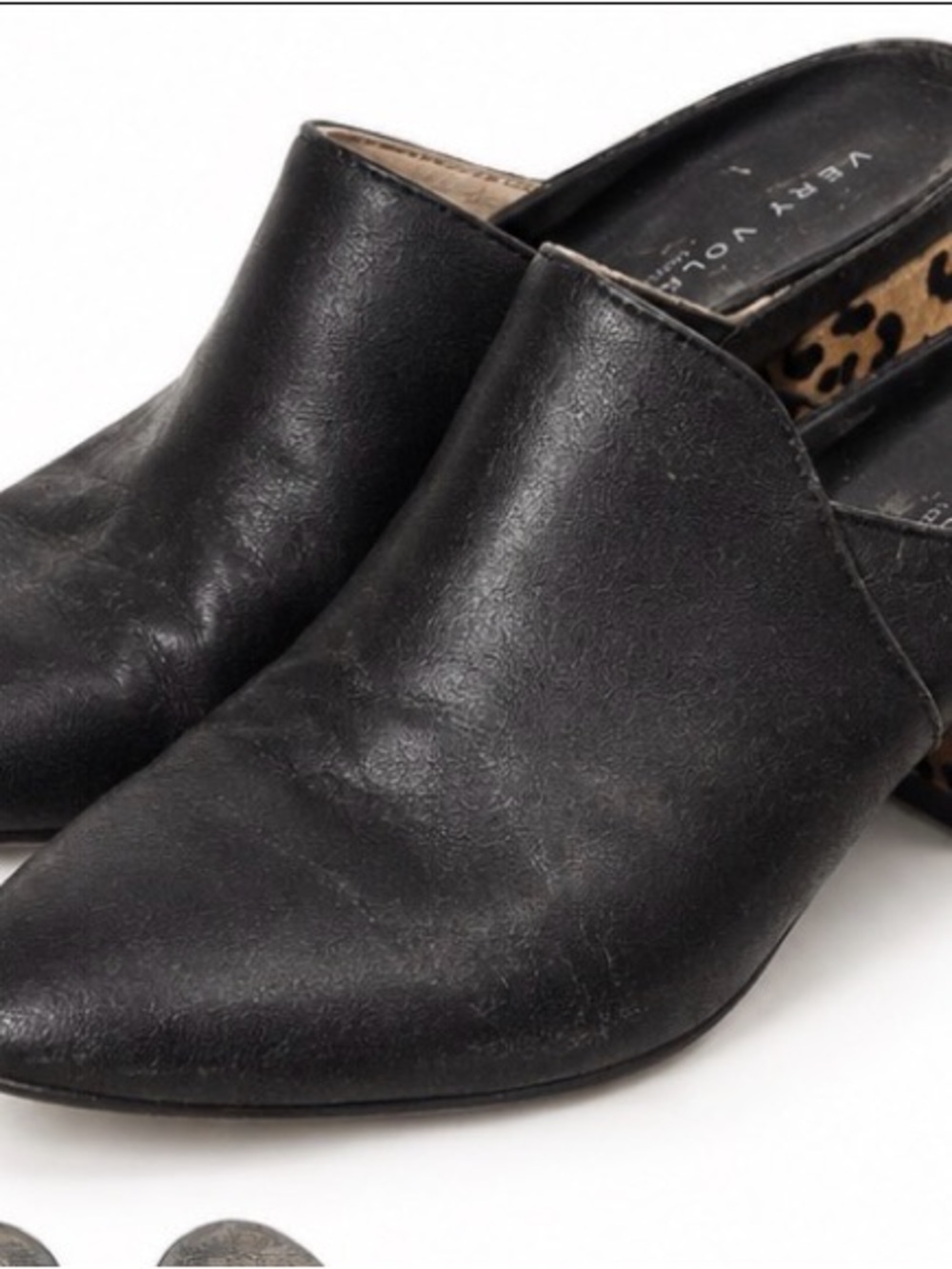 Very Volatile Black Pointed-Toe Leather Mule with Leopard Inlay